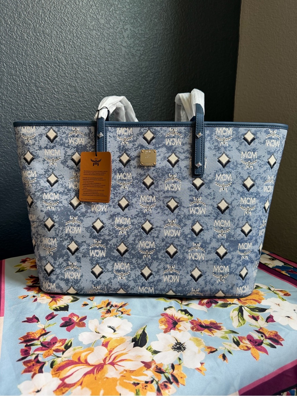 MCM Blue Logo Canvas Tote with Navy Trim